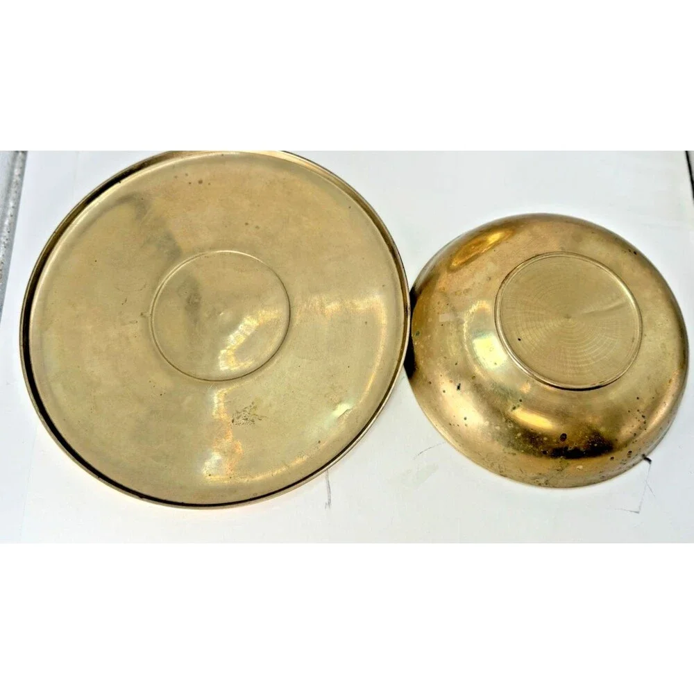 Vintage Ornate Brass Etched trinket Bowl dish With Lid And Round Tray plate